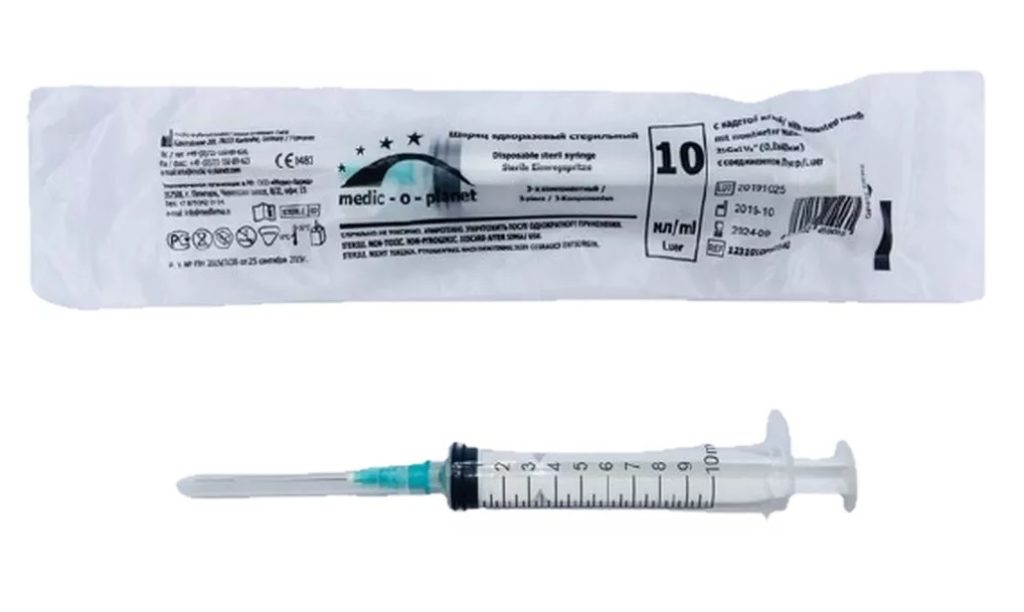 Шприц 3-х дет. (MEDIC-O-PLANET) 10 мл 21G с надетой иглой (0,8х40мм) Германия /1600/100