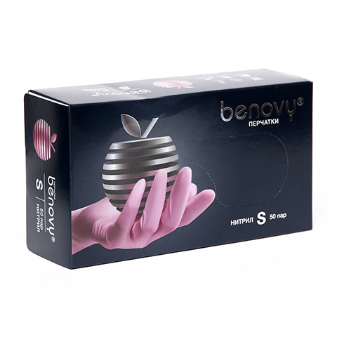 Перчатки нитриловые н/о н/стер. S перламутрово-розовые (Benovy) /500/